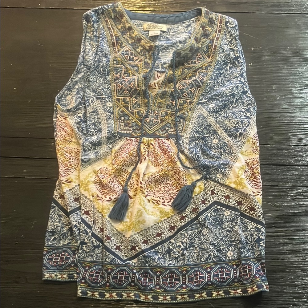 Lucky Brand Blue Tan Sleeveless Blouse with Tie Front